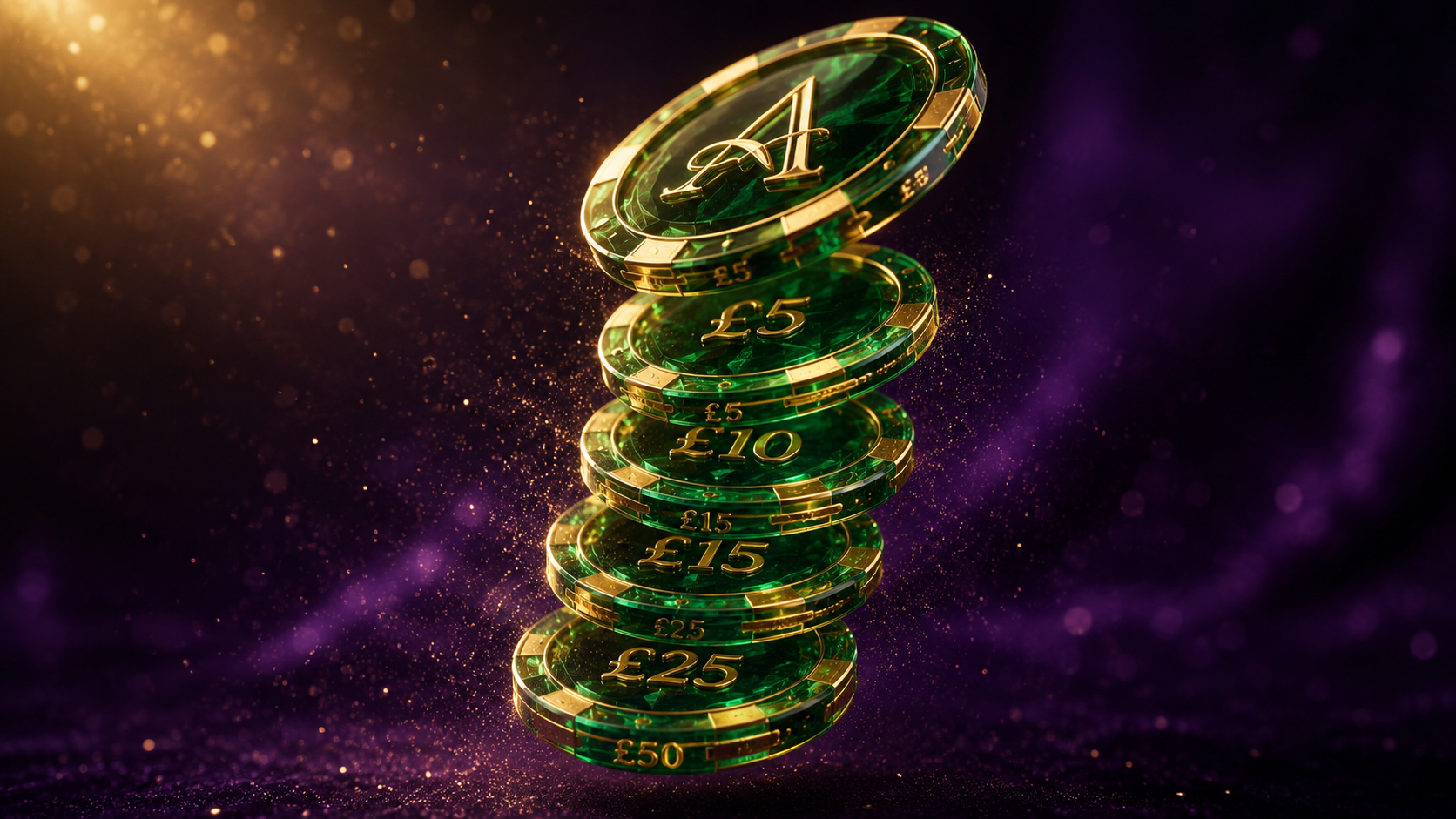 Stack of Avantgarde Casino emerald-green free chips in denominations from £5 to £50