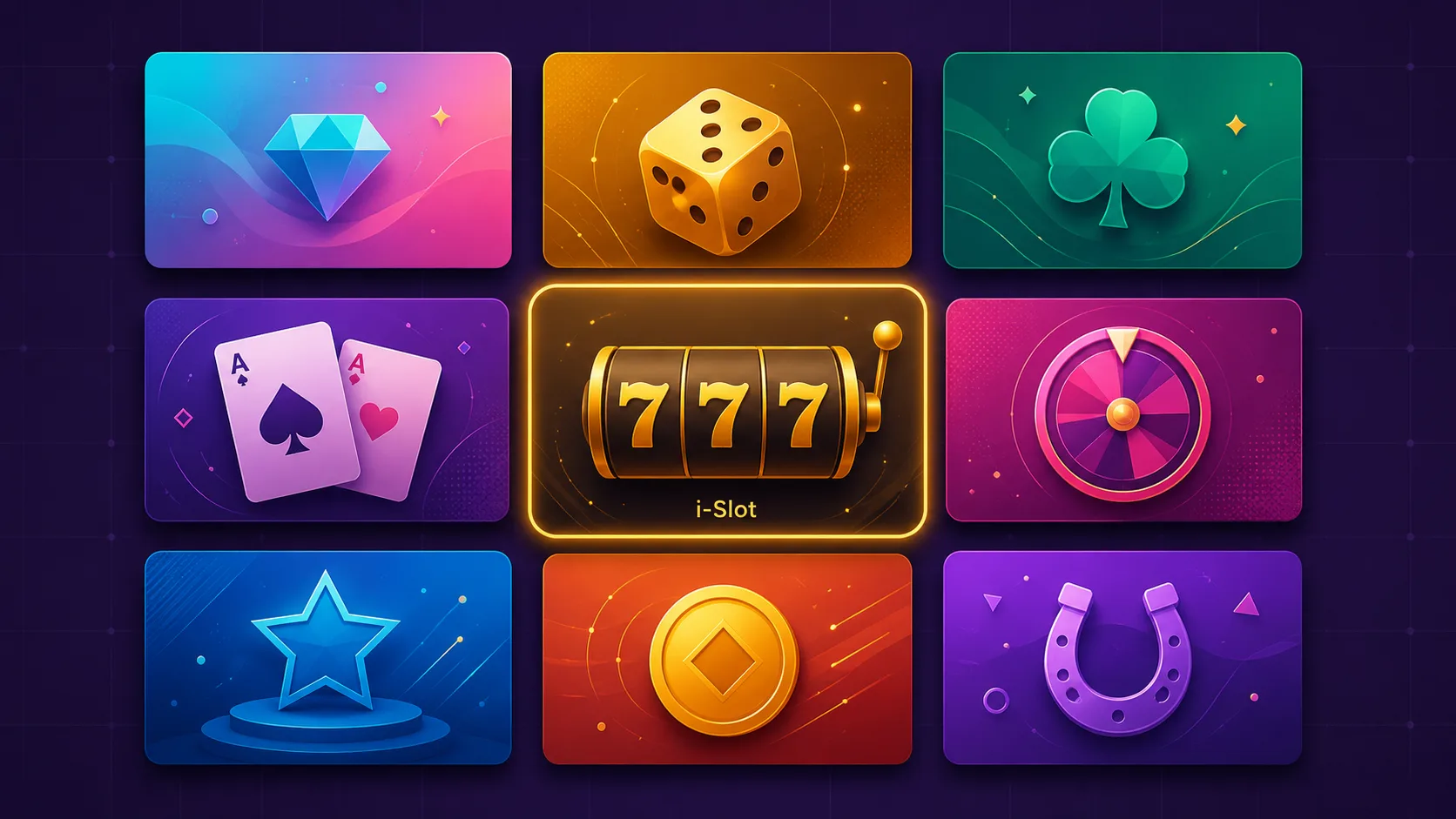 Avantgarde Casino game library, 9 stylised game tile thumbnails representing slots, table games, i-Slot and specialty categories