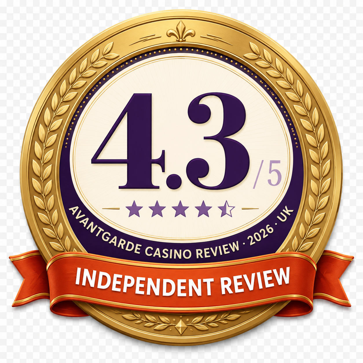 Avantgarde Casino independent review badge — 4.3 out of 5 stars